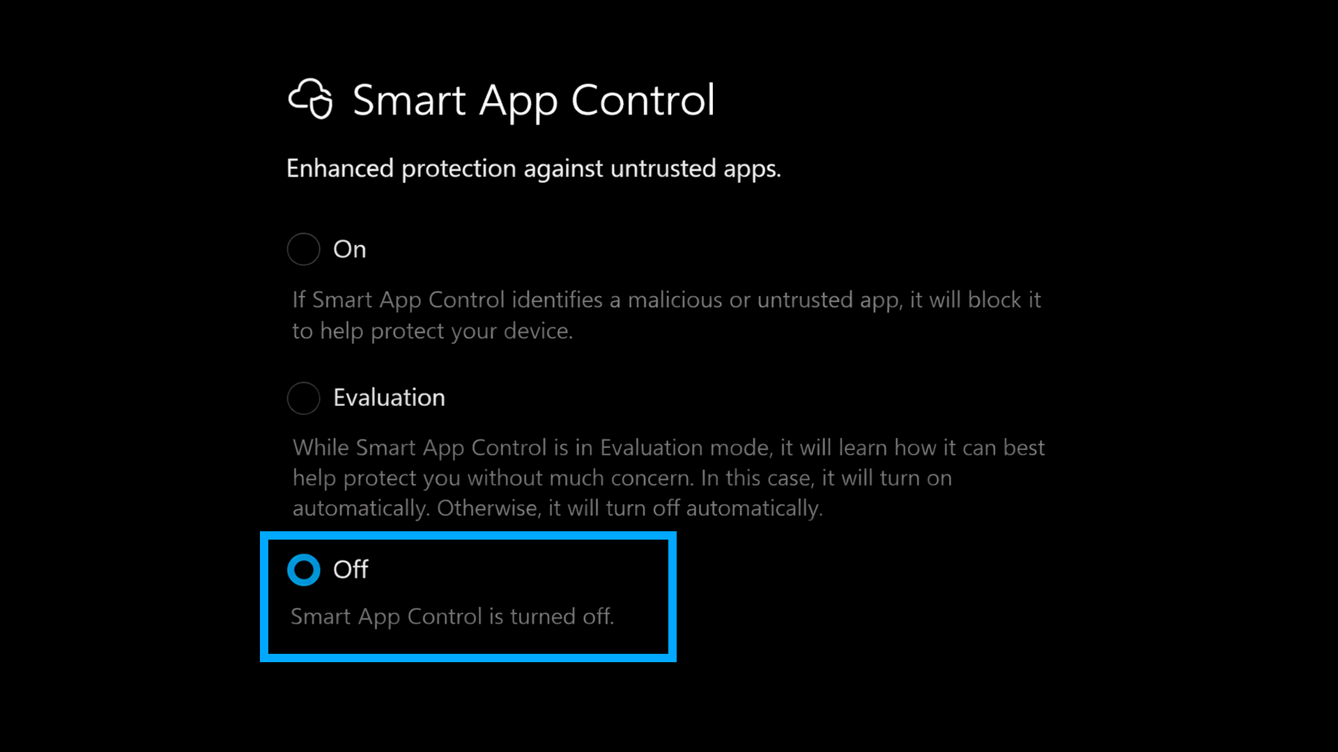Smart App Control settings — set to Off